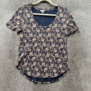Lucky Brand Blouse Top Women XS Blue Floral Short Sleeve Cotton Blend Scoop Neck